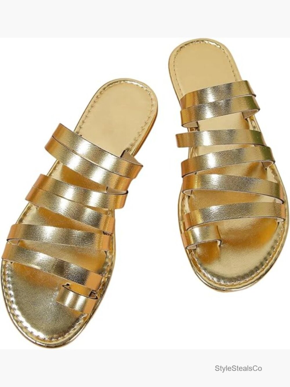 Metallic PU Leather Toe Post Flat Sandals Open Toe Ankle Strap Slides